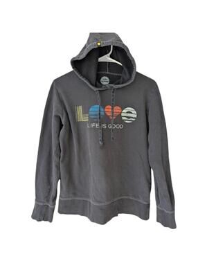 Life is Good Hoodie Womens S Gray Love Graphic Relaxed Boxy Sweatshirt 19.5x24